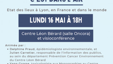 Affiche conférence publique Pollution et cancers c'est dans l'air 16 mai au CLB ou en visio