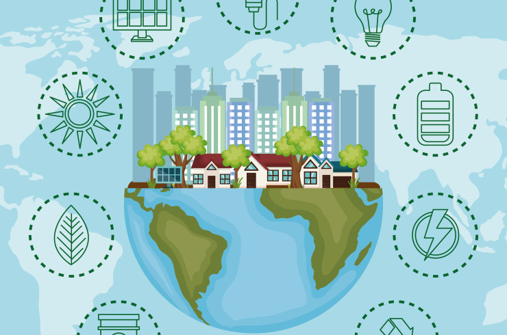 Illustration représentant une planète surmontée d'une ville et entourée de symboles liées à la transition écologique